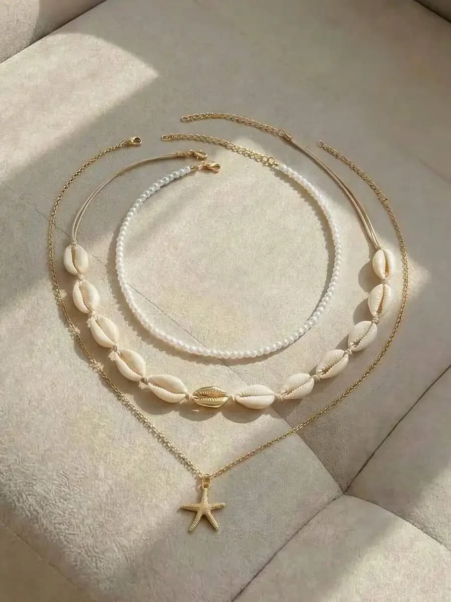 Set di 3 collane a strati con ciondoli a forma di conchiglia e stella marina in stile boho per donna