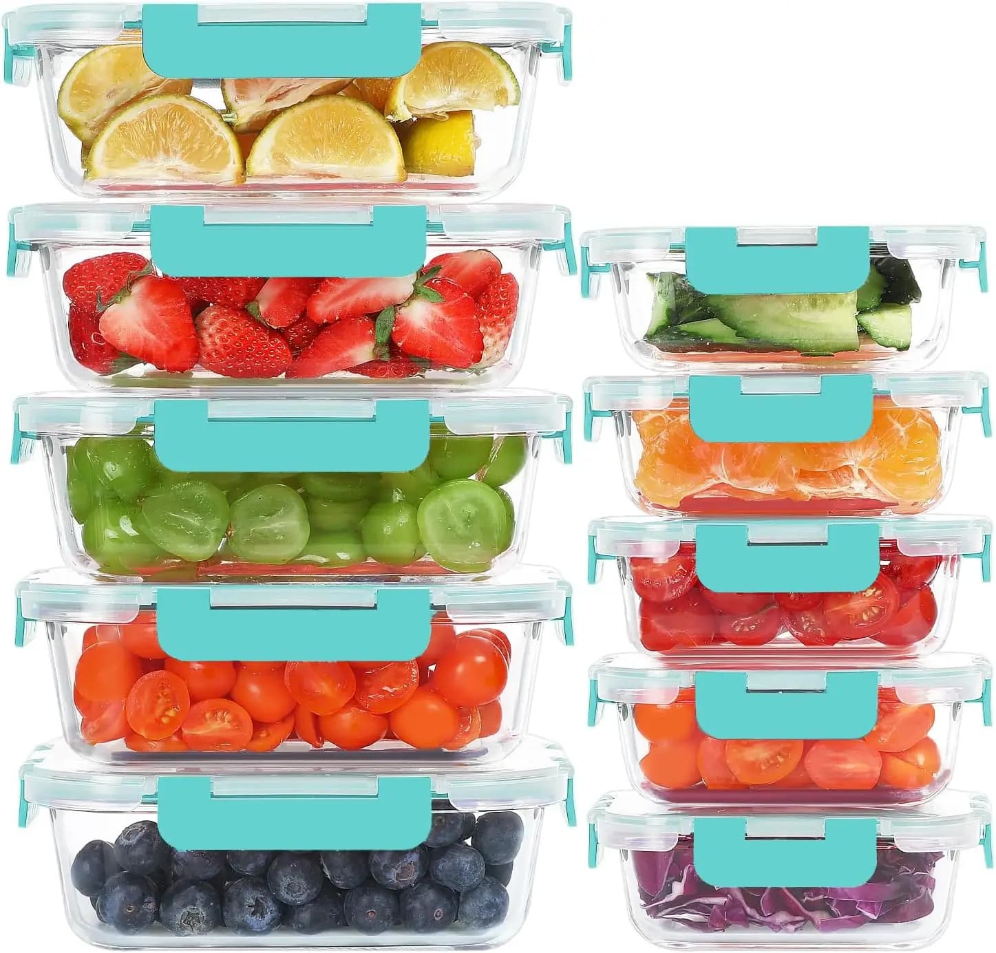 Set di 10 Contenitori in Vetro per Alimenti con Coperchi, Scatole Ermetiche per Preparazione Pasti, Adatte per Freezer, Forno e Microonde