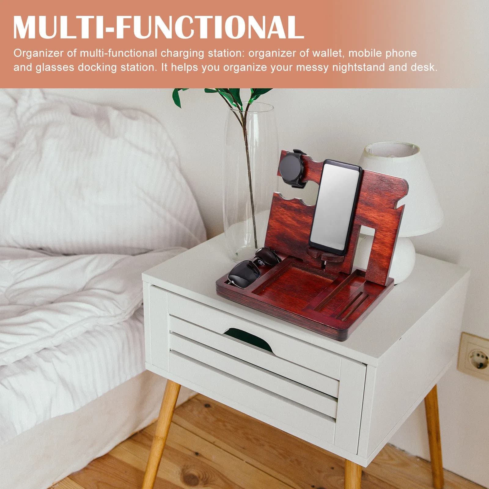 Solid Wood Multi-Functional Desktop Station Organizer for Phone Watch Wallet Keys Bracelets with Smooth Polished Surface