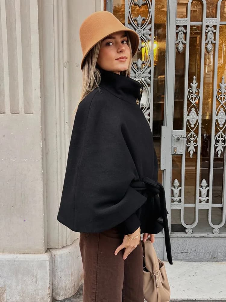 HH Donna 2025 Inverno Nuova Moda Versatile Impilato Decorativo Cappotto Corto di Lana Temperamento Femminile Collo Alto Giacca con Cintura Mujer