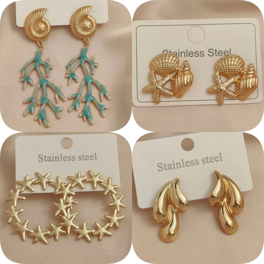 Orecchini alla moda in acciaio inossidabile con stella marina con conchiglia di corallo, orecchini in metallo pesante impermeabili e che non sbiadiscono, regali per feste di nozze