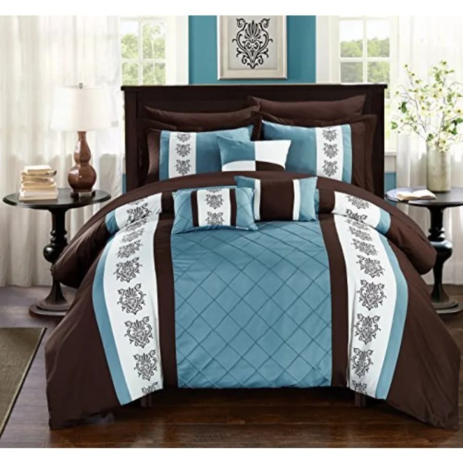Set feather bed queen size in a bag with set sheets Pintuck Pieced Block blue embroidered cotton polyester