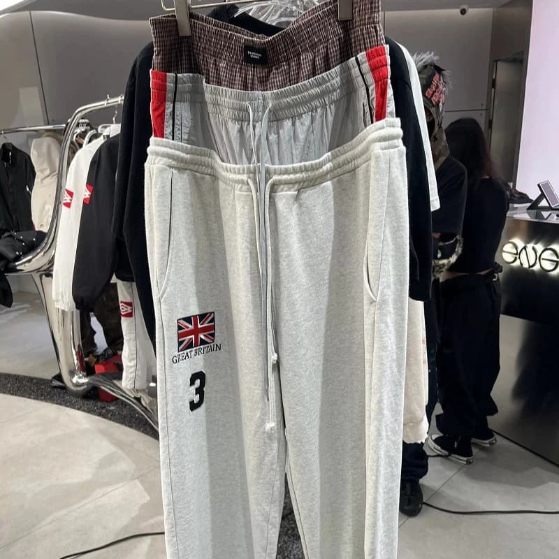 Protocol Flag Embroidered Letter Printed Sweatpants High Street Hip-hop Fake Three-layer Casual Pants