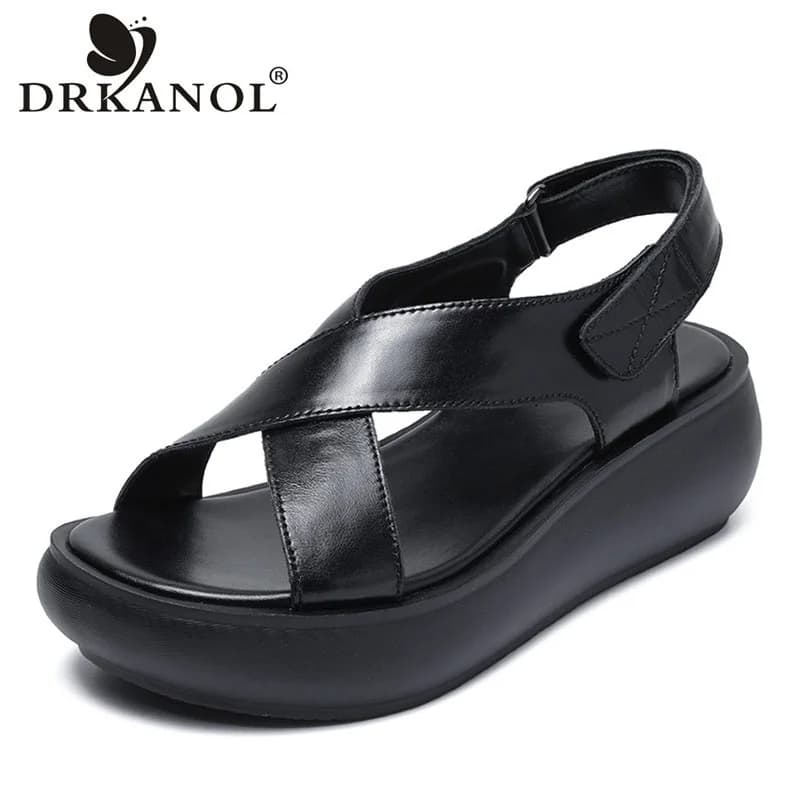 DRKANOL moda donna zeppe sandali con tacco scarpe estive croce in vera pelle Open Toe Hook And Loop sandali con plateau grosso