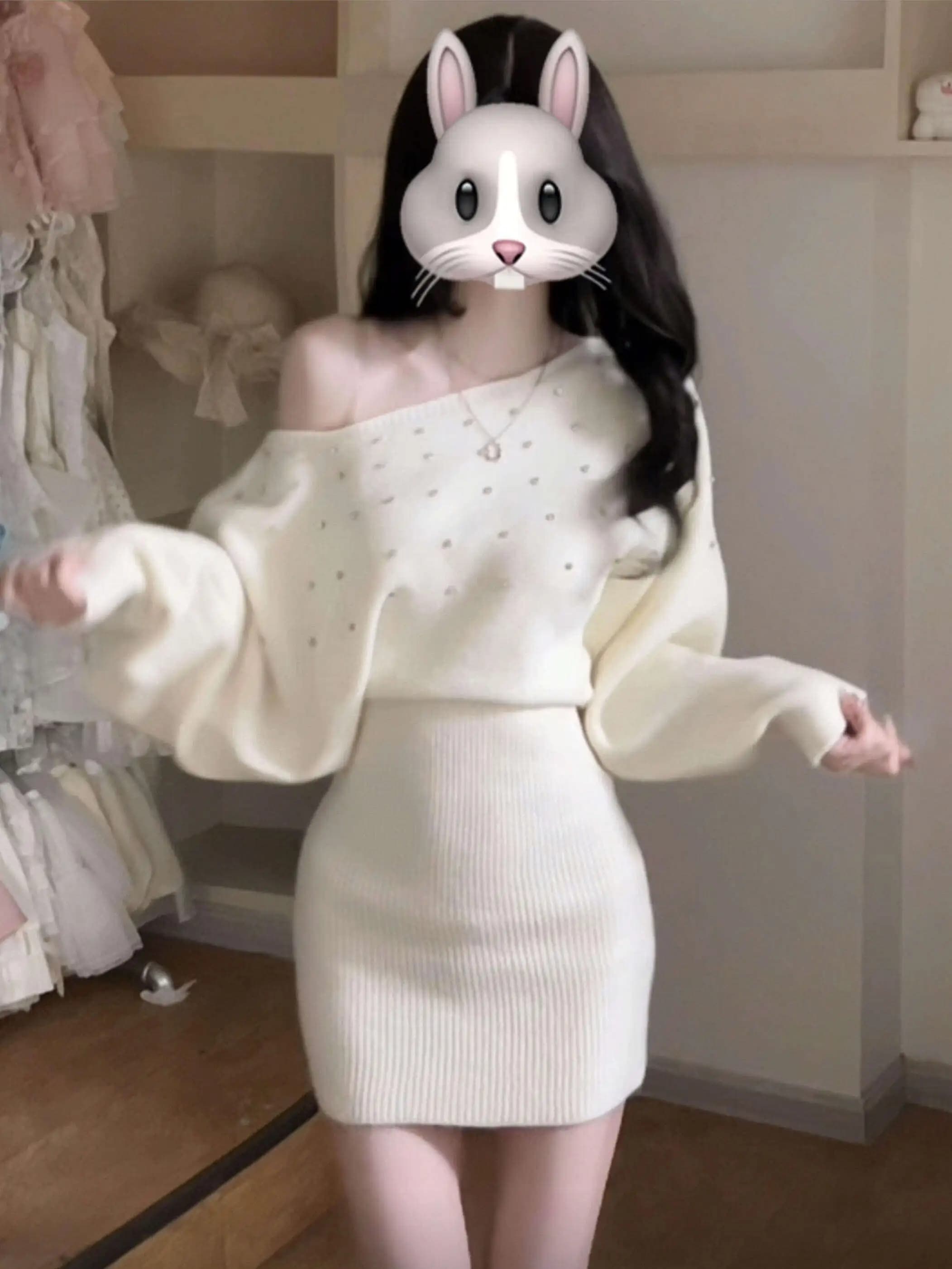 White One-Shoulder Long-Sleeve Knitted Short Dress Women's Autumn Winter Fashion Slimming Diamond Heat-Treatment Skirt