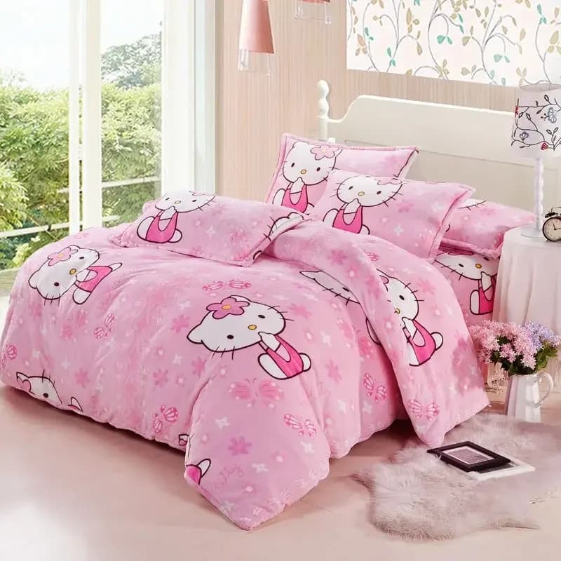 Sanrio hello Kitty Set biancheria da letto Copripiumino in flanella Federa per bambini Lenzuola Piumino invernale in pile di corallo per ragazza