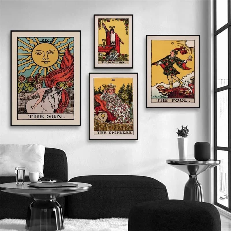 Quadri su tela, poster e stampe d'arte da parete: Carte dei Tarocchi Il Mago, Sole, Imperatrice, Sacerdotessa per l'arredamento del soggiorno