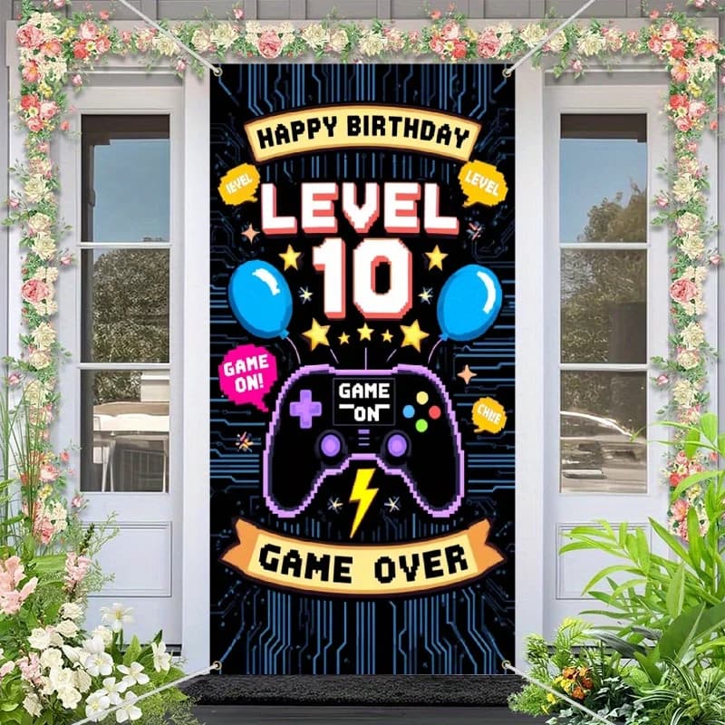 Banner per porta 2D 1 pezzo Banner di compleanno per videogiochi vibrante con decorazioni floreali - Design "Happy Birthday Level 10 Game"