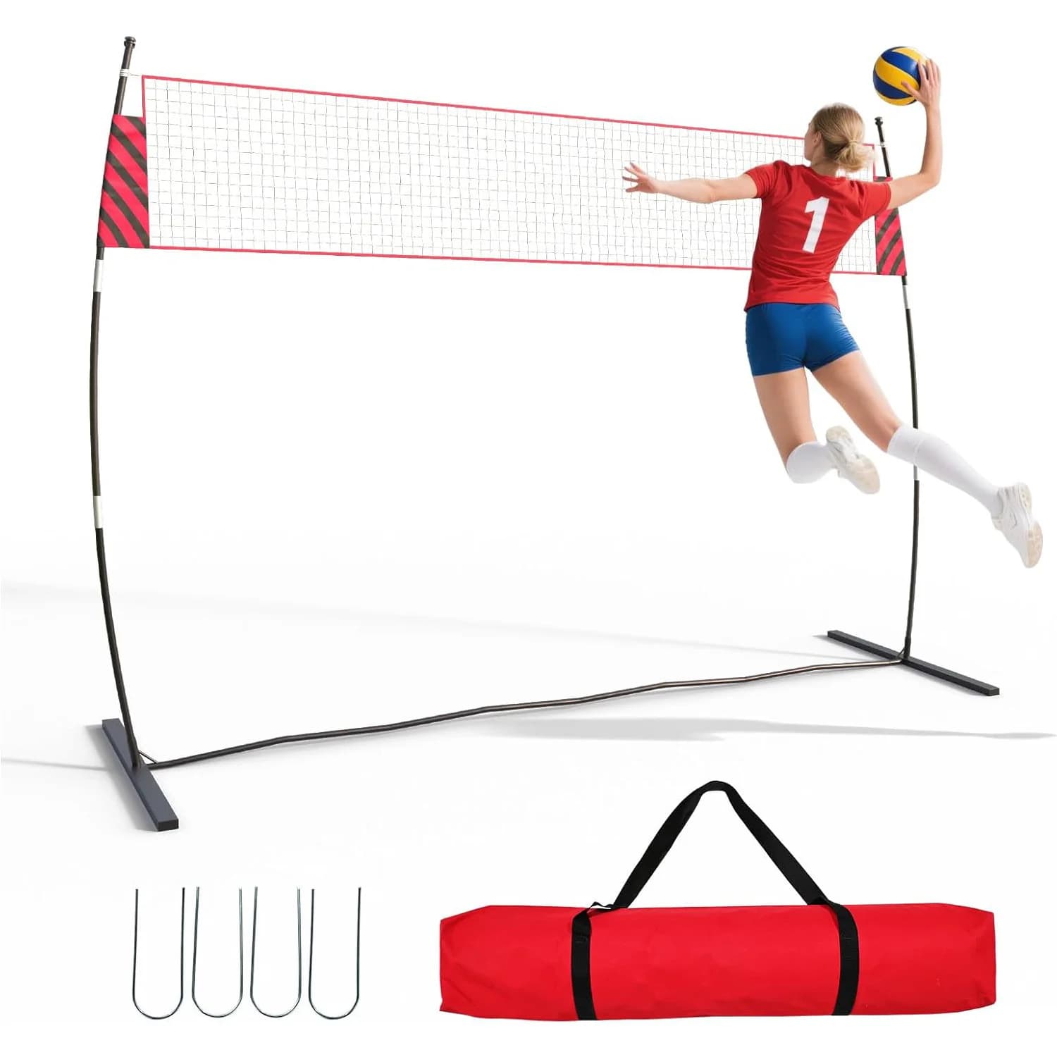 Rete da pallavolo regolabile da 12 piedi, portatile, indipendente, installazione rapida, pali in fibra di vetro, altezza di regolazione, cortile, spiaggia, interni