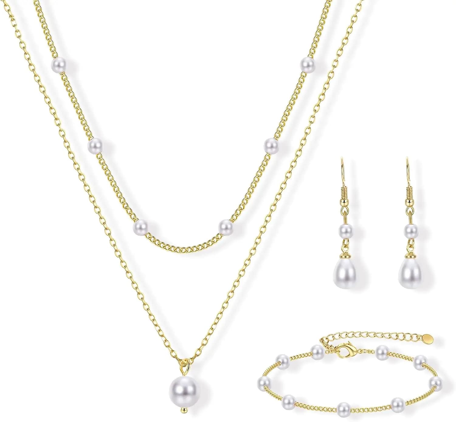 Gold Jewelry Set for Women - 16K Gold Plated Pearl Necklace and Earring Set With Drop Earrings,Charm Layered Necklace,Adjustable