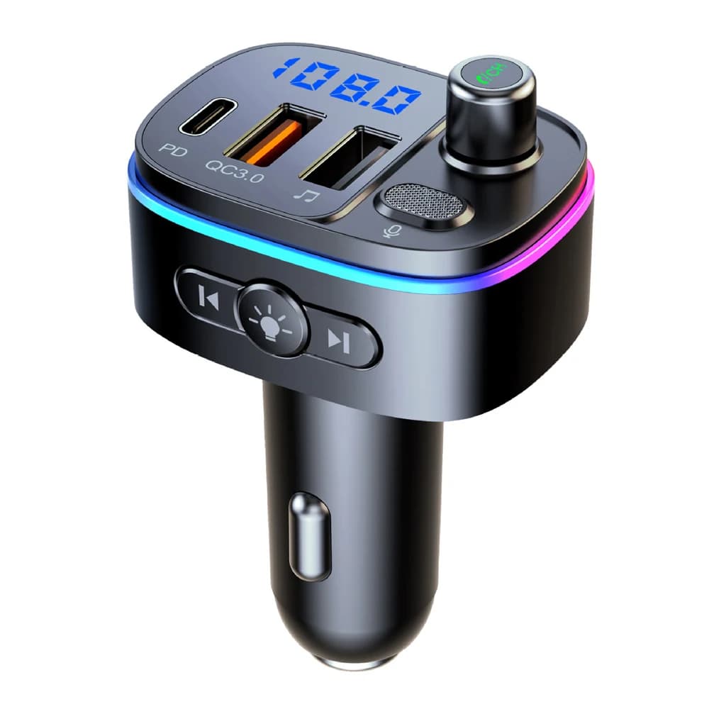 Caricabatterie rapido per auto T65, trasmettitore FM, Bluetooth 5.0 wireless, vivavoce, lettore MP3, PD Type C, QC3.0, USB, luce LED