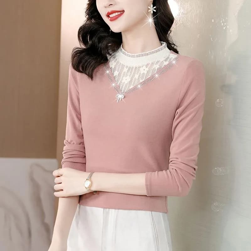 Plush Middle Turtleneck Bottoming Lace Spliced long Sleeve Women's Top