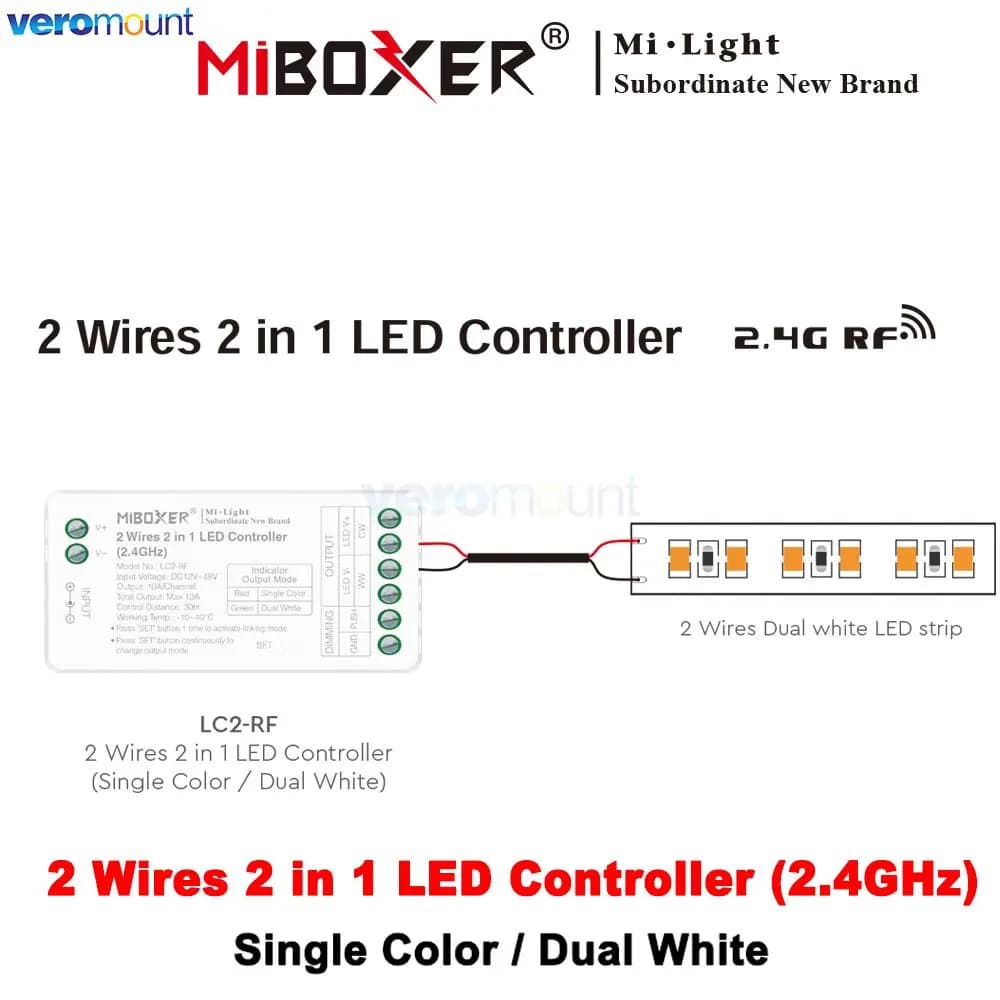 Miboxer LC2-RF DC12-24V 2.4G Single Color Dual White 2 in 1 Dimmer for 2 Wires CCT LED Strips Light Color Temperature Controller