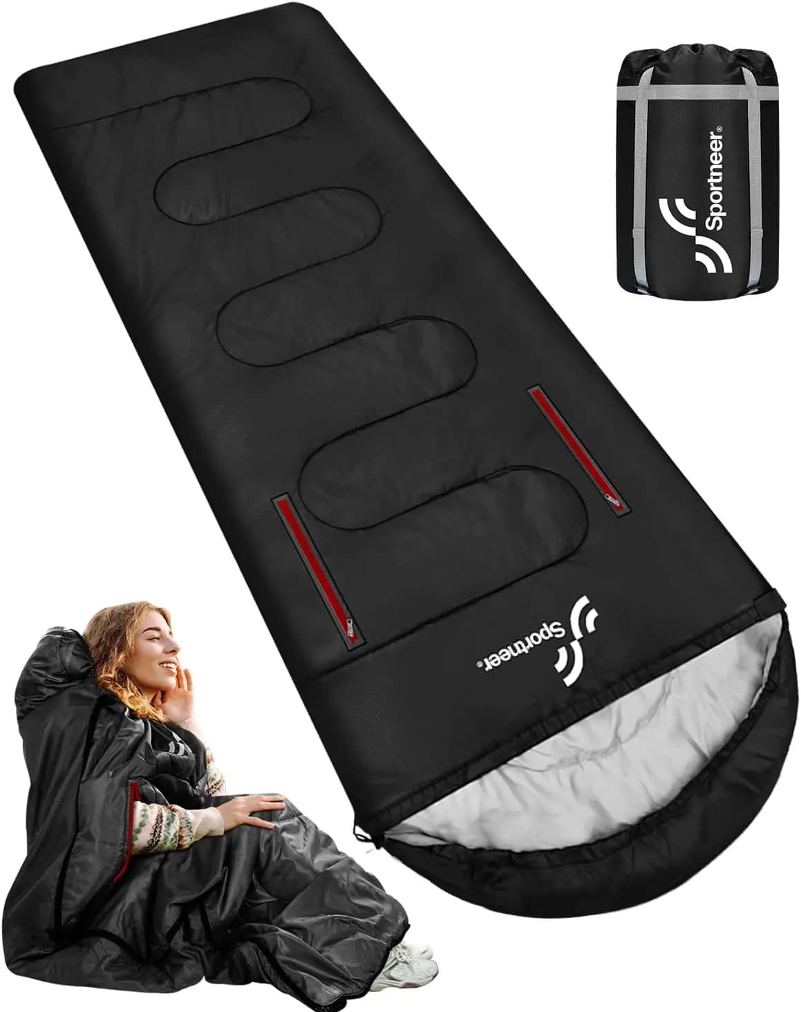 Sportneer sleeping bag: Wearable for adults and children. Waterproof, for camping, hiking, etc. It keeps warm from -6 to 10 C.
