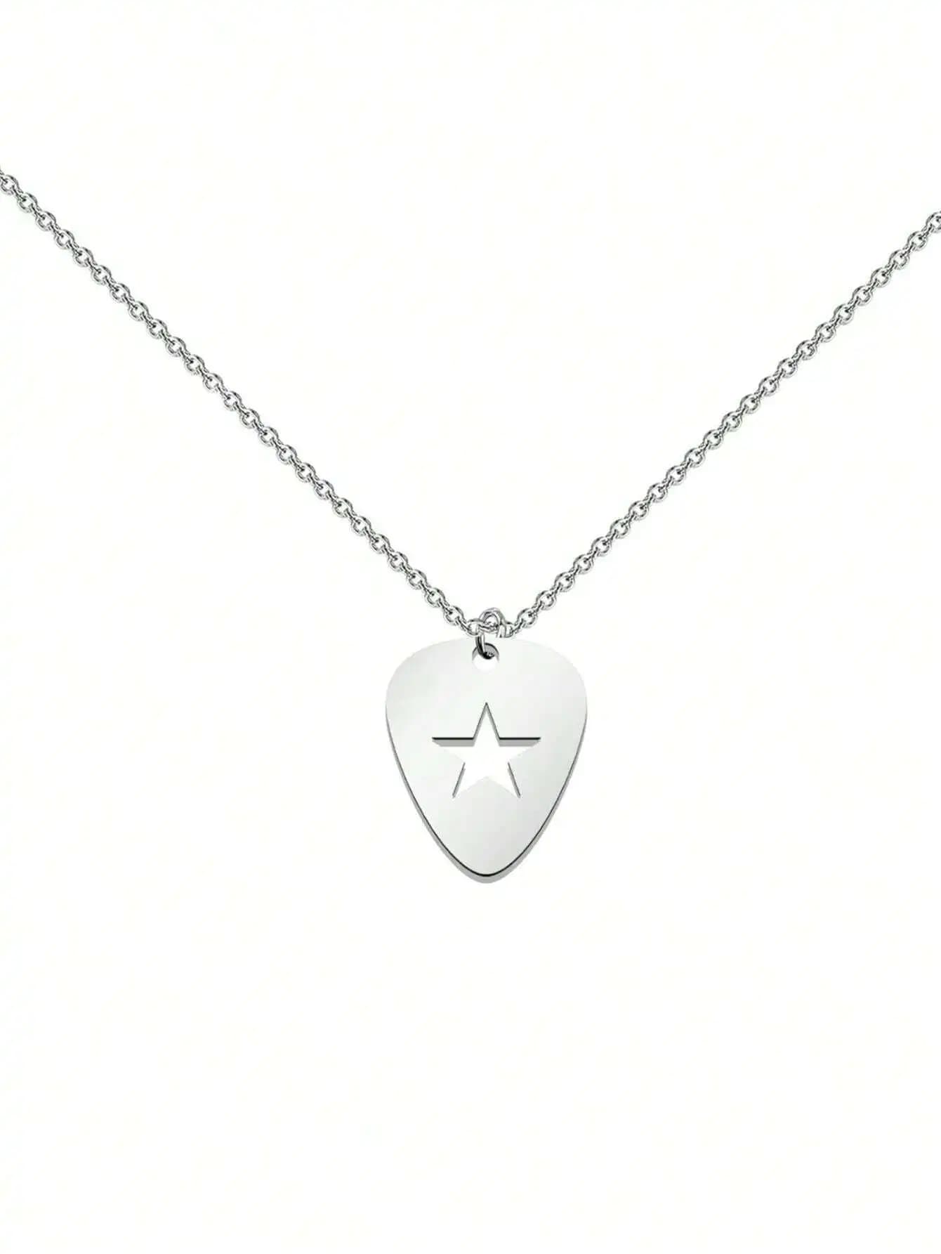 Collana con Ciondolo a Forma di Plettro per Chitarra in Acciaio Inossidabile con Intaglio a Stella, Catena da 50cm