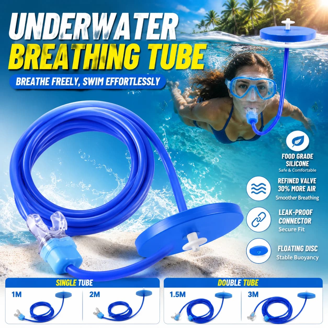 Freestyle Dive Breathing Tube Floating Snorkel Pipe With Buoyant Floater Channel Anti-Leak Connection Safe Silicone Mouthpiece