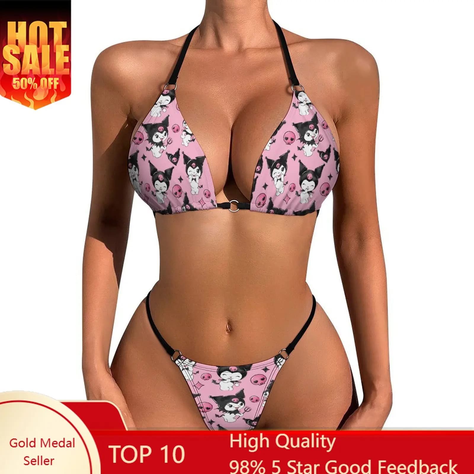Costume da Bagno Bikini Kuromi da Donna, Set Due Pezzi Sexy Sanrio con Lacci Regolabili, Morbido Costume da Bagno con Stampa Cartoon e Slip