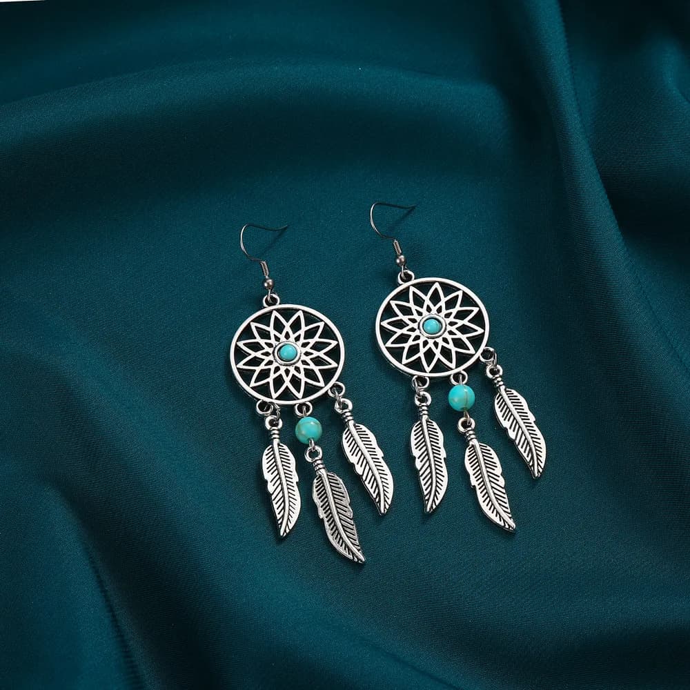 Vintage Bohemian Turquoise Feather Hollow Dream catcher earrings
