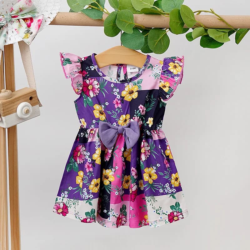 Newborn Clothes Sweet Bow Flower Full Print Comfortable Soft Girl Summer Flying Sleeve Round Neck Baby Dress