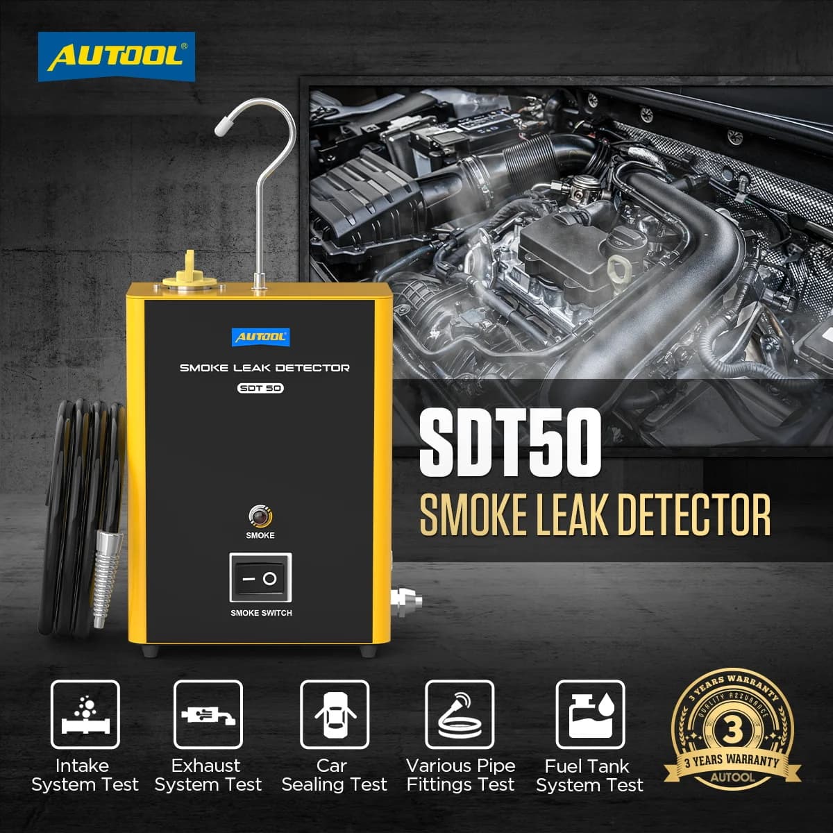 AUTOOL SDT50 Rilevatore di Fumo per Perdite d'Aria e Gas Auto, Tester Generatore di Fumo per Riparazioni Auto, Rilevatore di Perdite EVAP