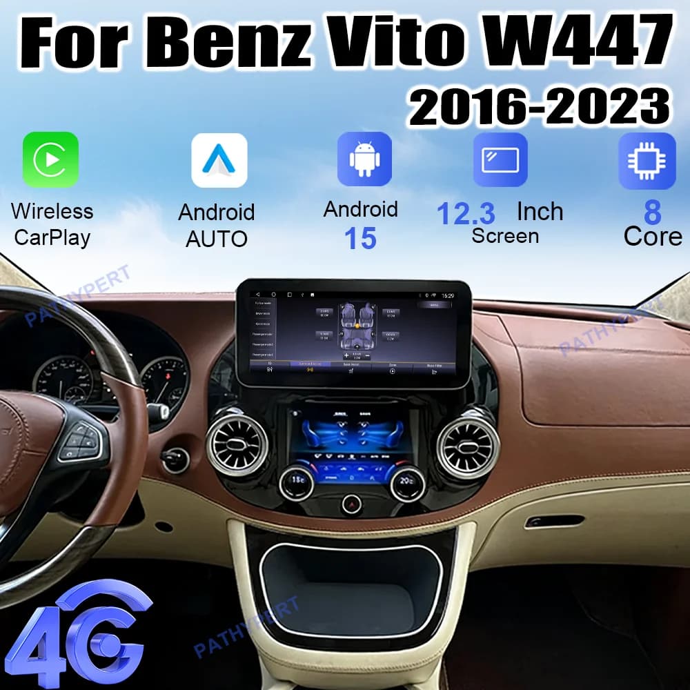 12.3" Android 15 Car Radio Carplay For Benz Vito W447 2016-2023 Qualcomm 450 Chip Wireless Charging+LCD A/C Control Panel DSP FM