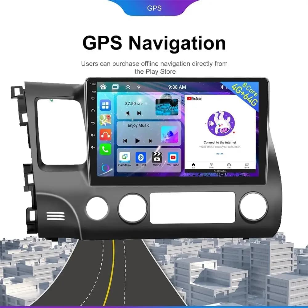 Autoradio wireless da 10.1 "per Honda Civic 2006-2011 CarPlay Android Auto Touch Screen Car Stereo con fotocamera posteriore GPS WIFI 2G + 32G