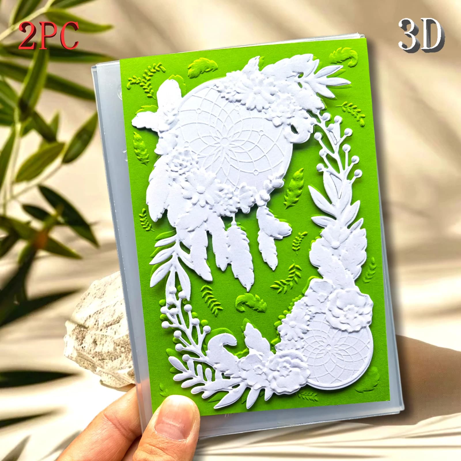 Design a 3D embossed folder and die-cutting set with "dazzling and delicate flower and dream catcher design" for business card p