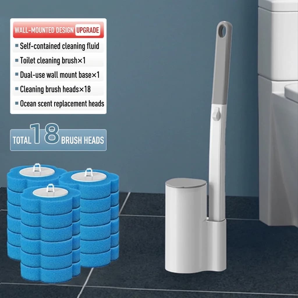 Kit per la Pulizia del WC da Parete, Manico Lungo 40cm, Disinfetta e Sterilizza, 18 Testine Incluse, Salvaspazio, Bagno Moderno