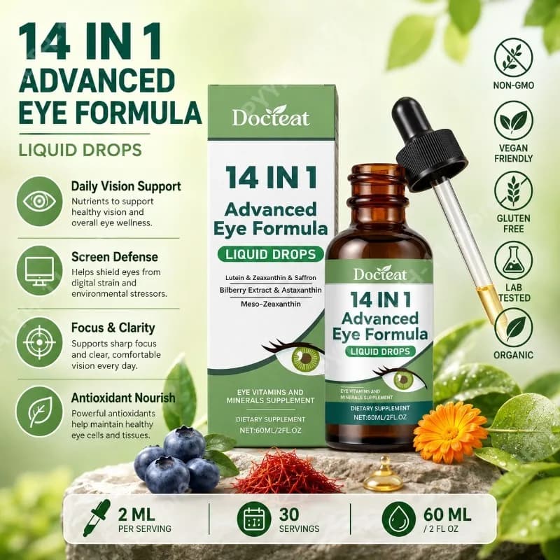 14 in 1 Lutein Zeaxanthin Oral Liquid Eye Wellness Supplement with Bilberry Astaxanthin Saffron Daily Support Formula 60 ML