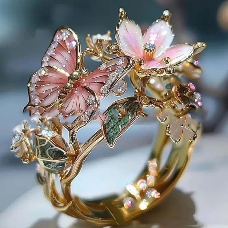 Nuovo Anello Aperto a Farfalla Colorato con Effetto Goccia, Elegante con Raffinati Abbellimenti Floreali