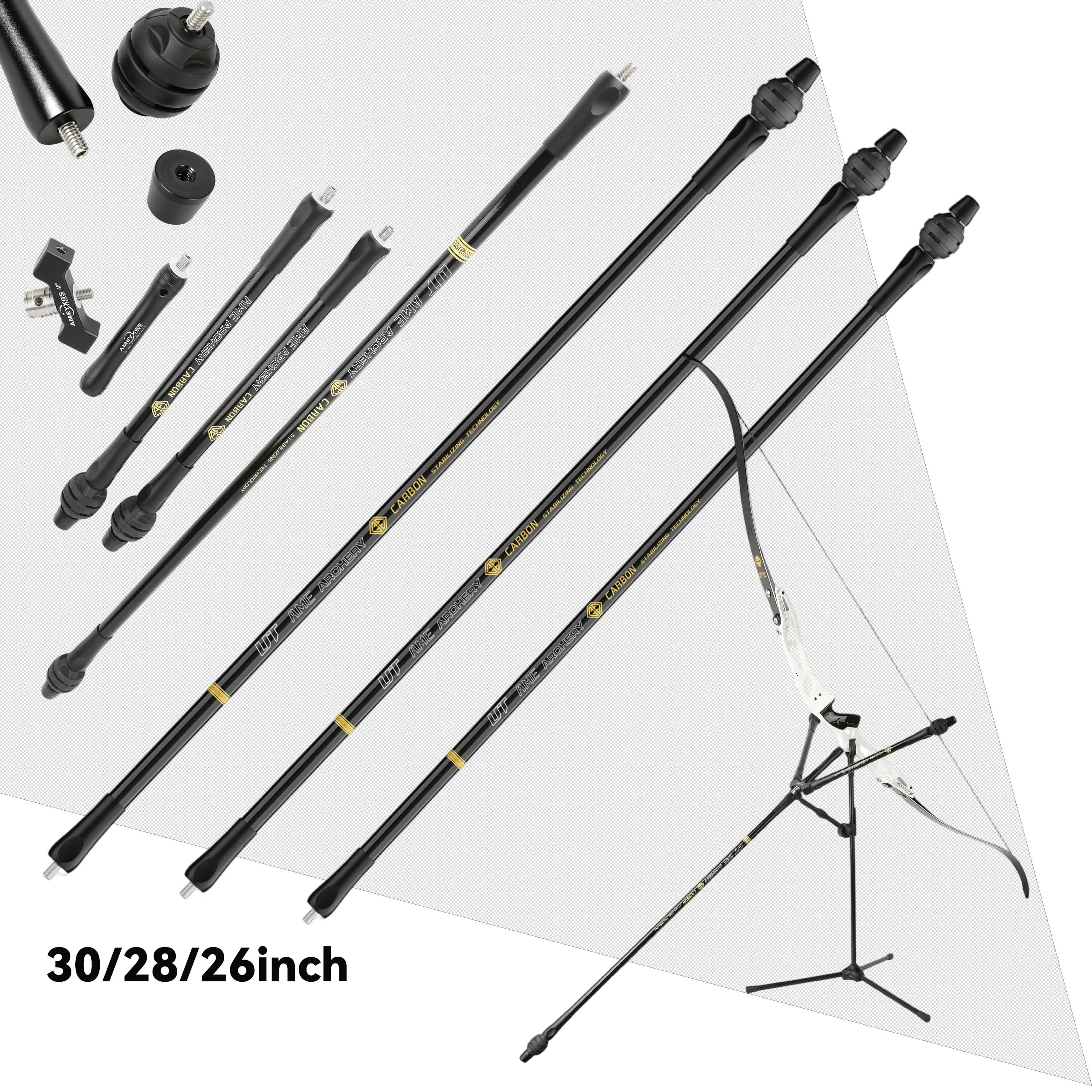 Bow Stabilizer Set Carbon Aluminum Alloy Main Rod 26 28 30 Inch with Side Bars for Recurve Compound Bow Hunting Target Shooting