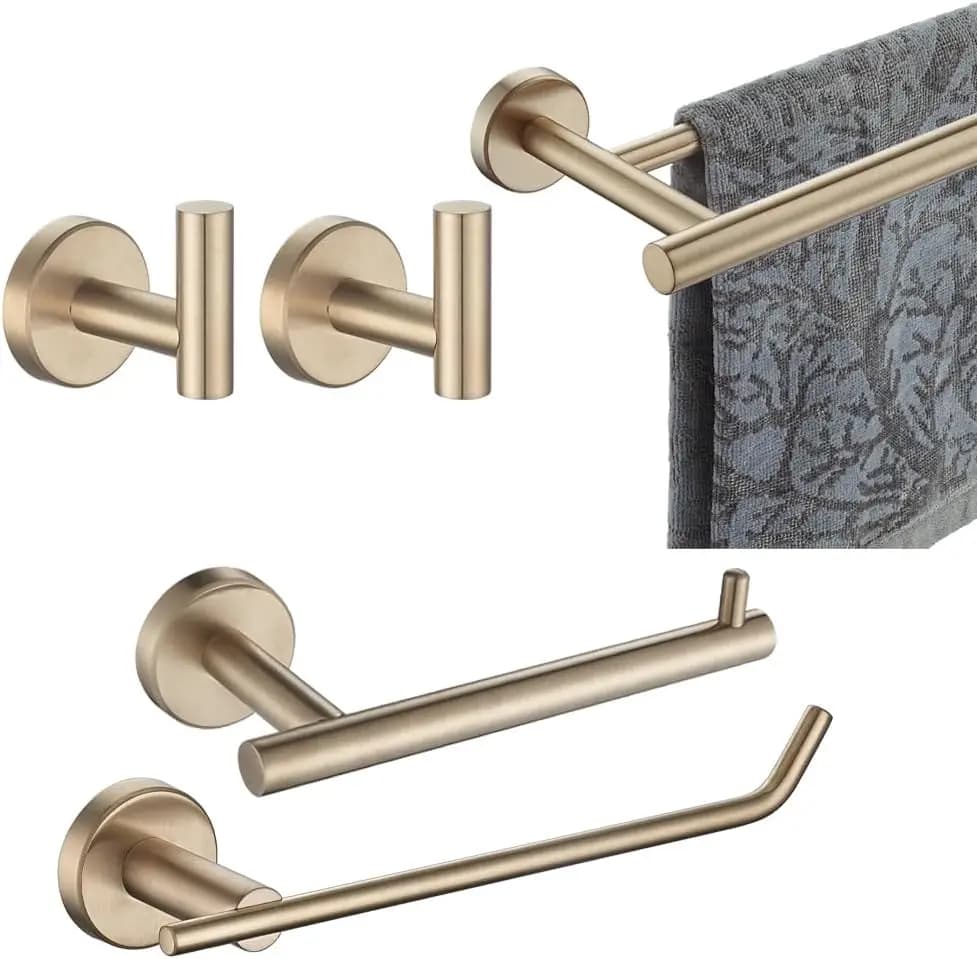 Set di accessori per il bagno in bronzo champagne da 5 pezzi, portasciugamani e porta carta igienica da parete