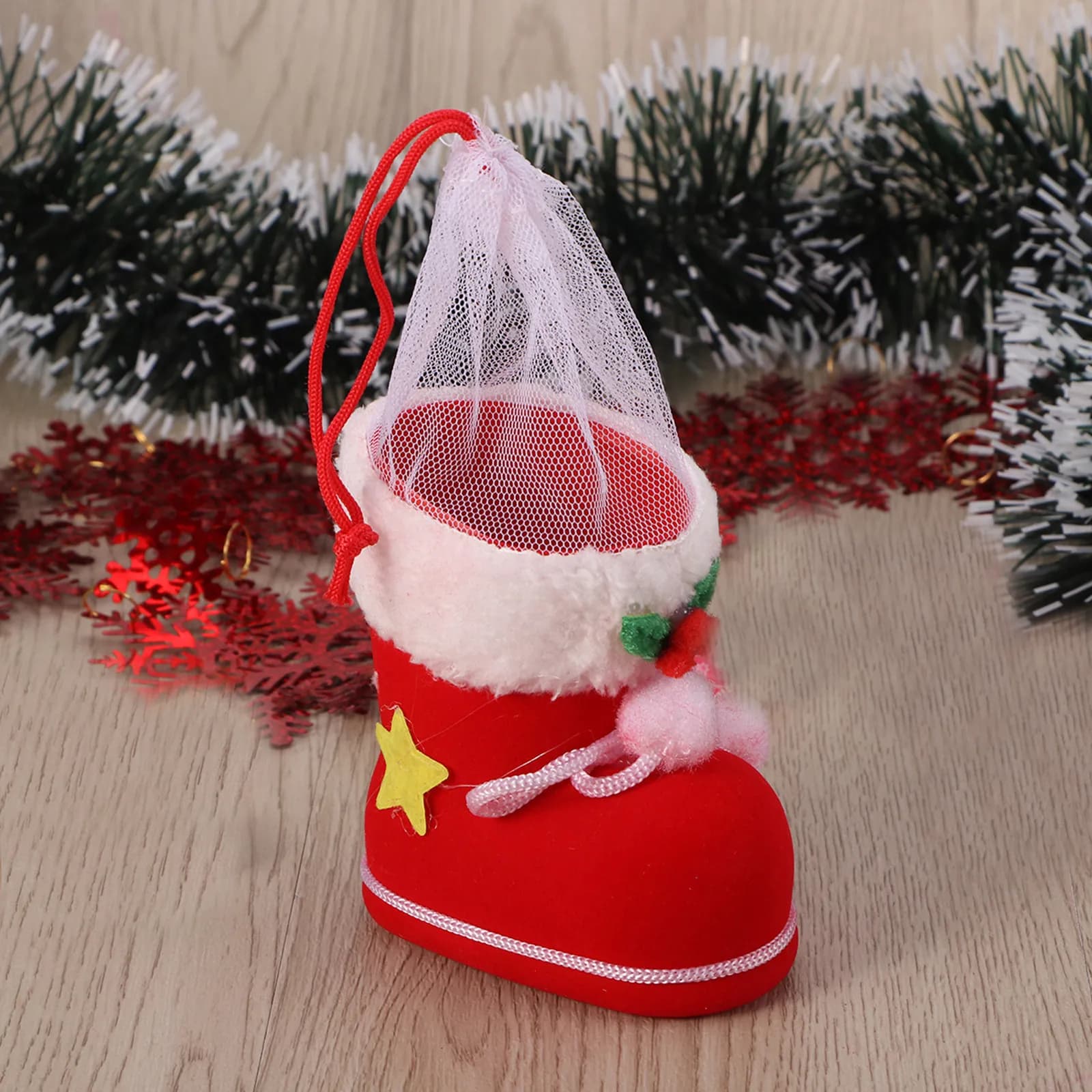 Calza di Natale Rossa Floccata Riutilizzabile per Caramelle e Regali, Taglia S, per Bambini, Sacchetti Regalo per Feste, Calza da Appendere per Natale