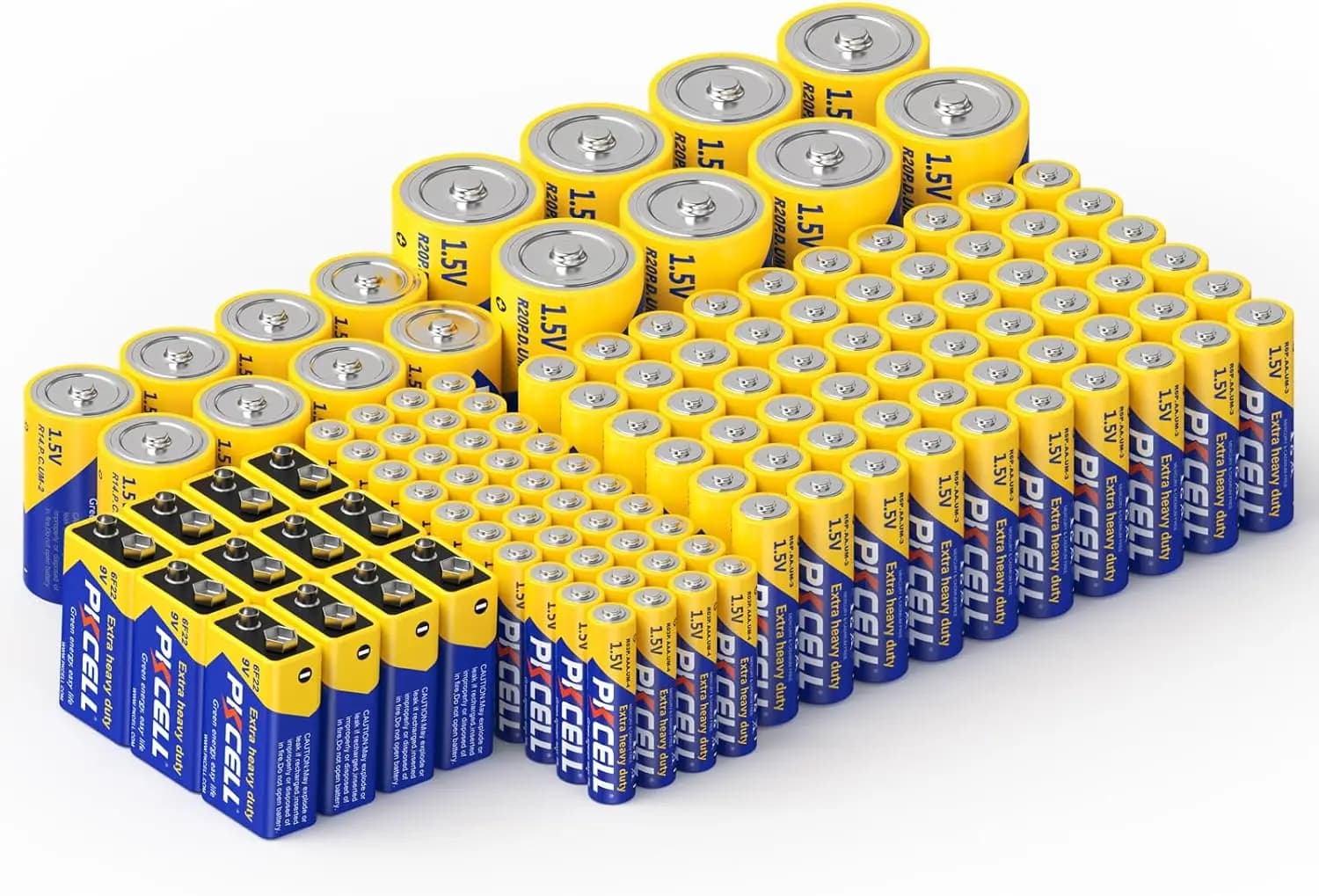 Combined pack of 128 batteries: AA, AAA, C, D, 9V for domestic electronics
