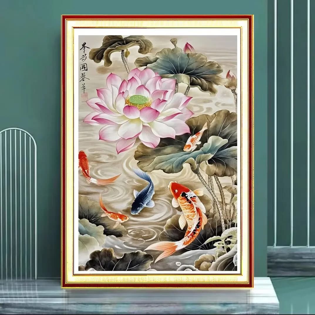 11CT 9CT Fish Lotus Embroidery DIY Printed Kits Cross Stitch Cotton Needlework Sets Crafts With Needles
