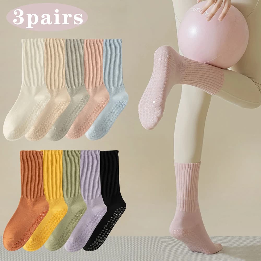 3 pairs of non-slip yoga socks in cotton, medium length socks, women sports socks for fitness and pilates, solid color