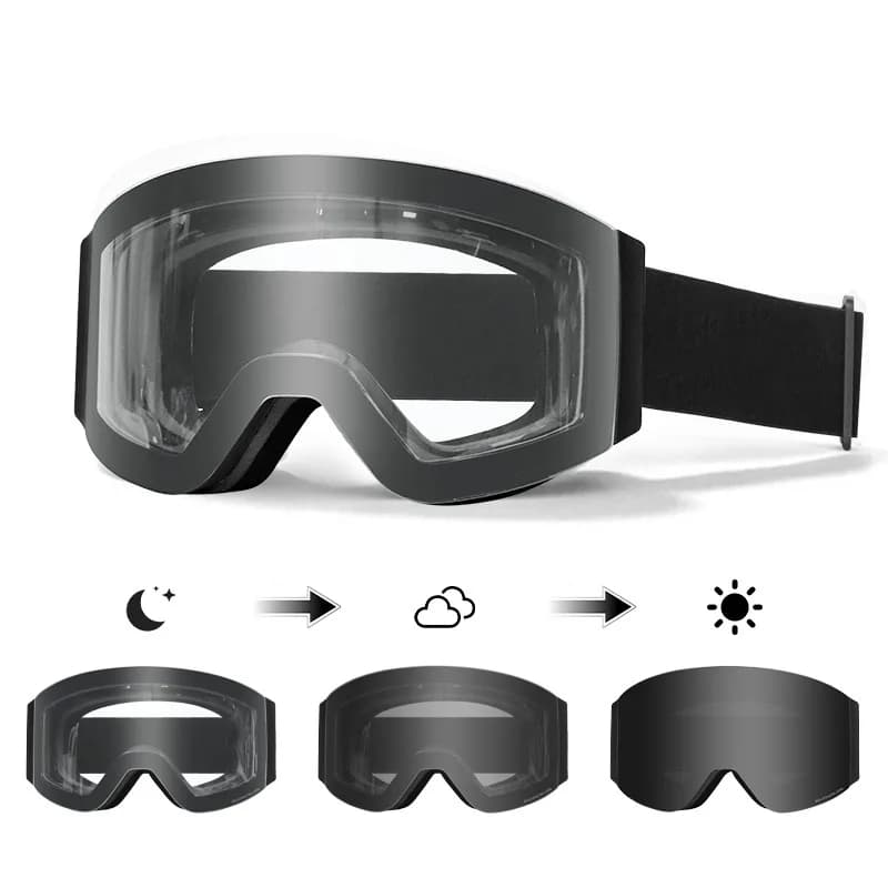 BOLLFO Photochromic Magnetic Flip Up Ski Goggles Double Layer Wide View Adjustable Strap for Men Women Skiing Snowboarding