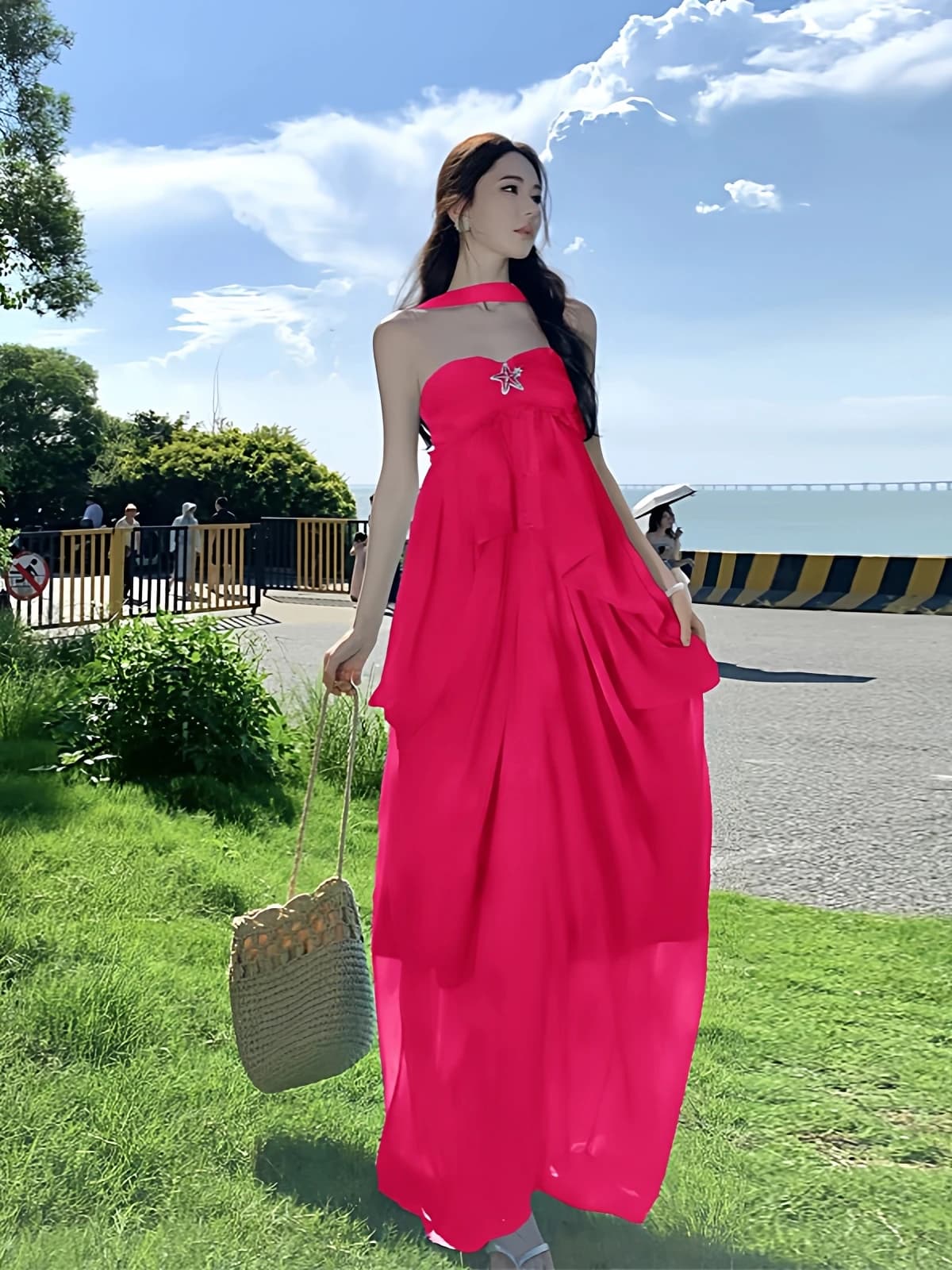 Abito lungo da donna in chiffon a vita alta, con spalle scoperte, stile estivo, per vacanze nel deserto, Sanya Beachside Ele Red
