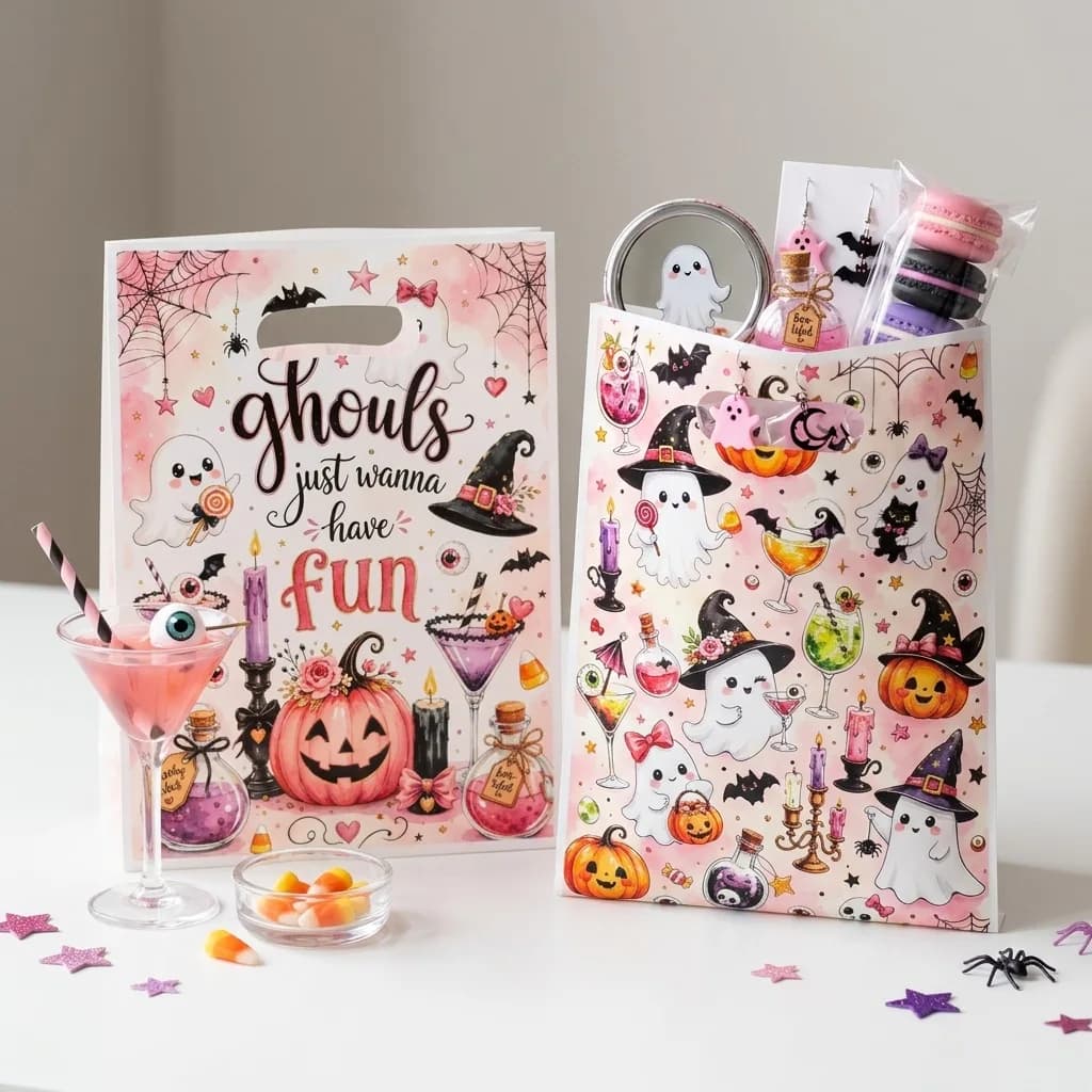 Cute Pink Ghost Halloween Plastic Handbag Punching Bag Kids Trick Or Treat Candy Bag Festival Party Favor Gift Packaging Bag