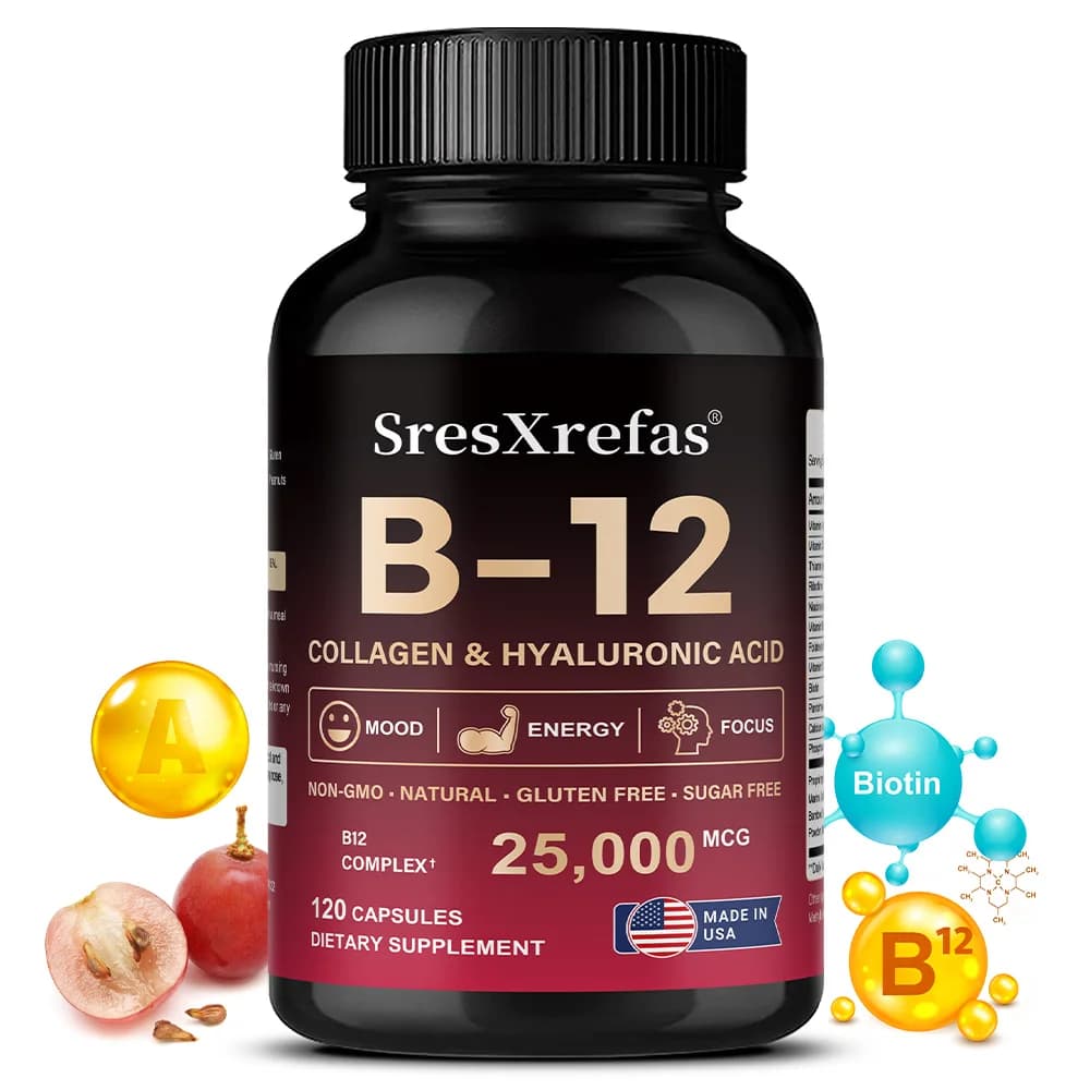 Vitamin B12 with Collagen, Hyaluronic Acid - Supports Energy, Focus, Mood, Nervous System & Immune Health, Relieves Fatigue
