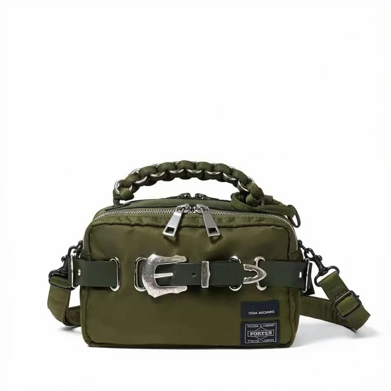 Japanese Designer Shoulder Hand Bag Army Green Nylon Carved Metal Belt Buckle Crossbody Bag Double Zip Braided Handle Camera Bag