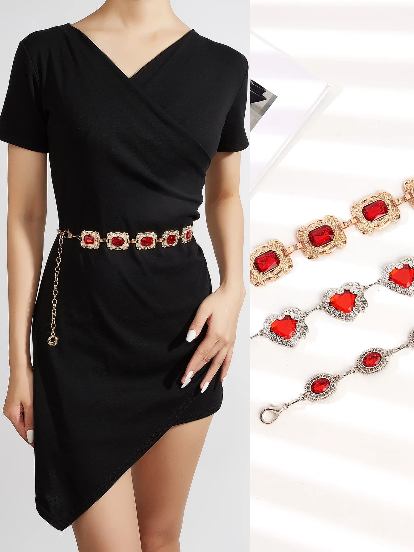 1pc women's luxury noble ruby ​​multi-shape metal waist chain dress versatile decorative waist chain