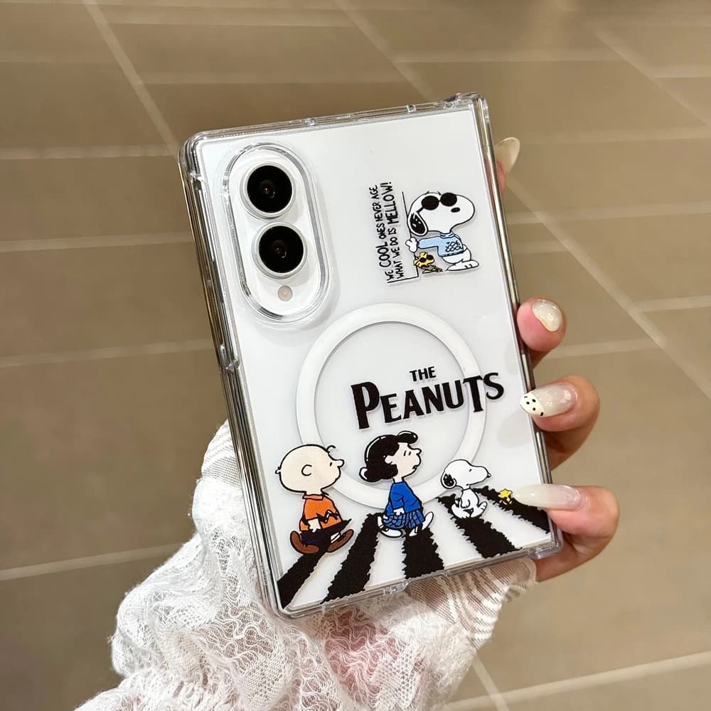Cute Cartoon Snoopy Charlie Brown Magnetic Holder Magsafe Wireless Charge Phone Case For Samsung Galaxy Z Fold 8 7 6 5 Cover