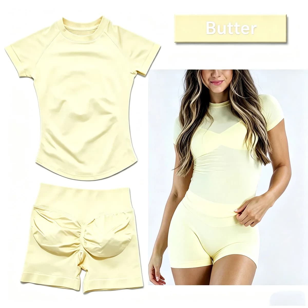 2 Pieces Denyf Sports Set Women Short Sleeve Top Seamless Scrunch Bum Joggers Suit Training Pants Suits Gym Fitness Sets