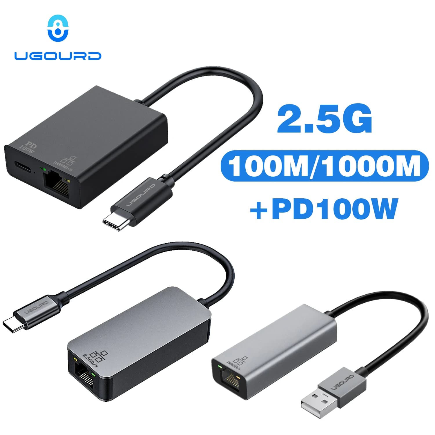 UGOURD Adattatore Ethernet USB C 100Mbps 1000Mbps con carica 100W USB3.0 Scheda di rete da 2,5 Gigabit Convertitore cavo Lan da USB a RJ45