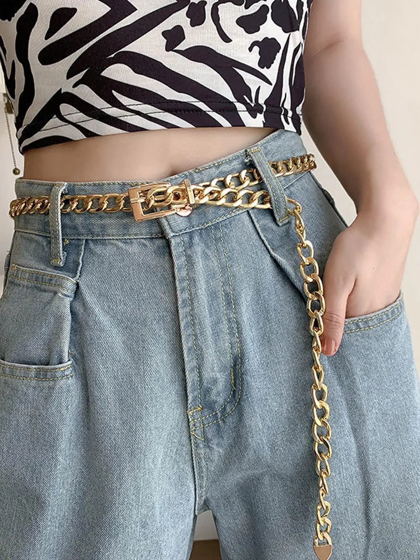 1 Pezzo Cintura a Catena Cubana Spessa Color Oro, Catena da Vita Y2K Hip Hop da Donna