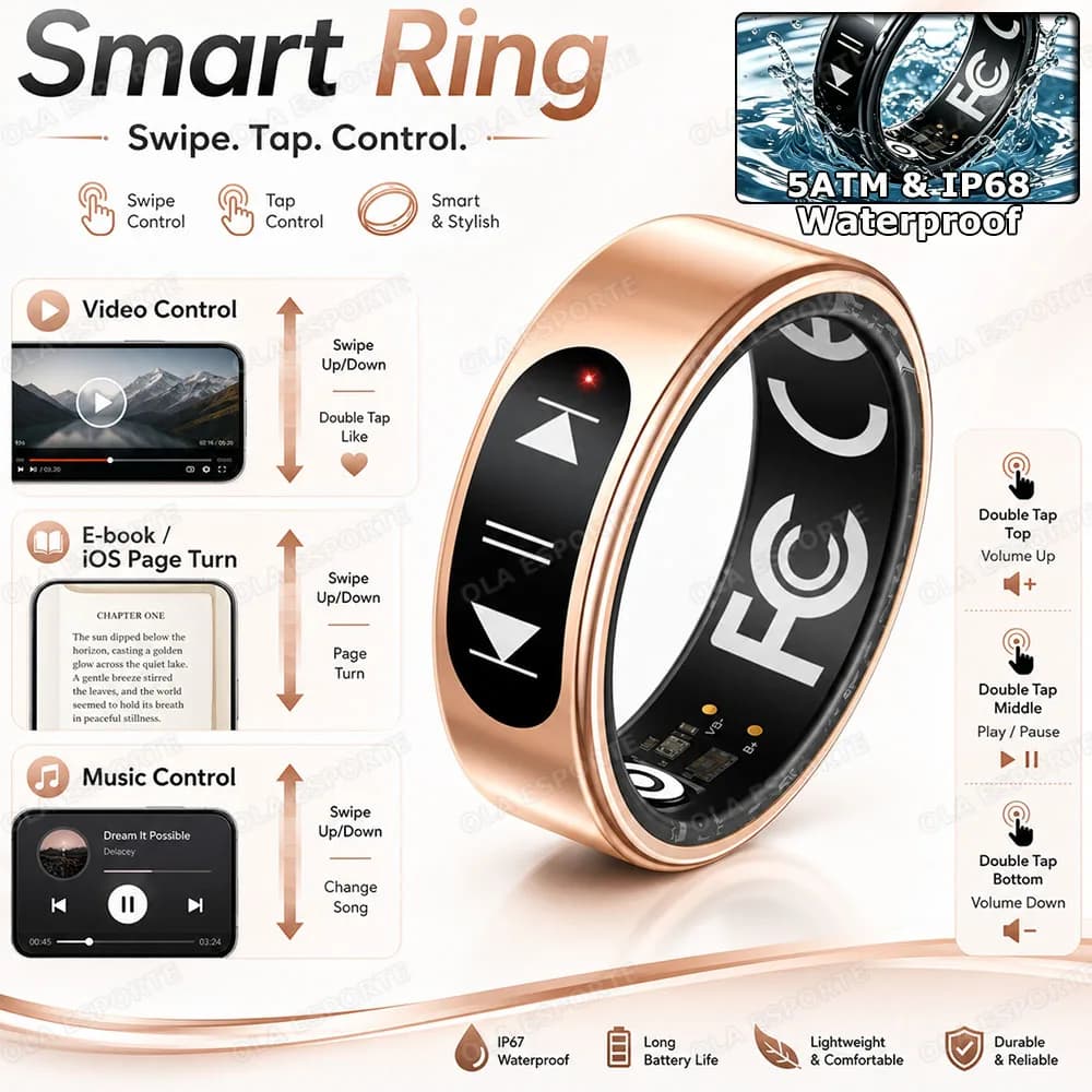 2026 Smart Rings Video Controls,Sswipe up/down to turn pages,Music controls,Heart Rate Blood Oxygen Monitor,Waterproof Smartring