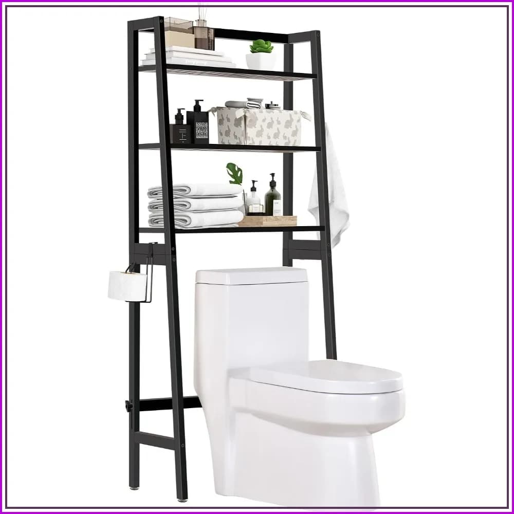 Over The Toilet Bathroom Organizer, Wooden 3-Tier Storage Rack, Freestanding with Toilet Paper Holder & Hooks (Black)