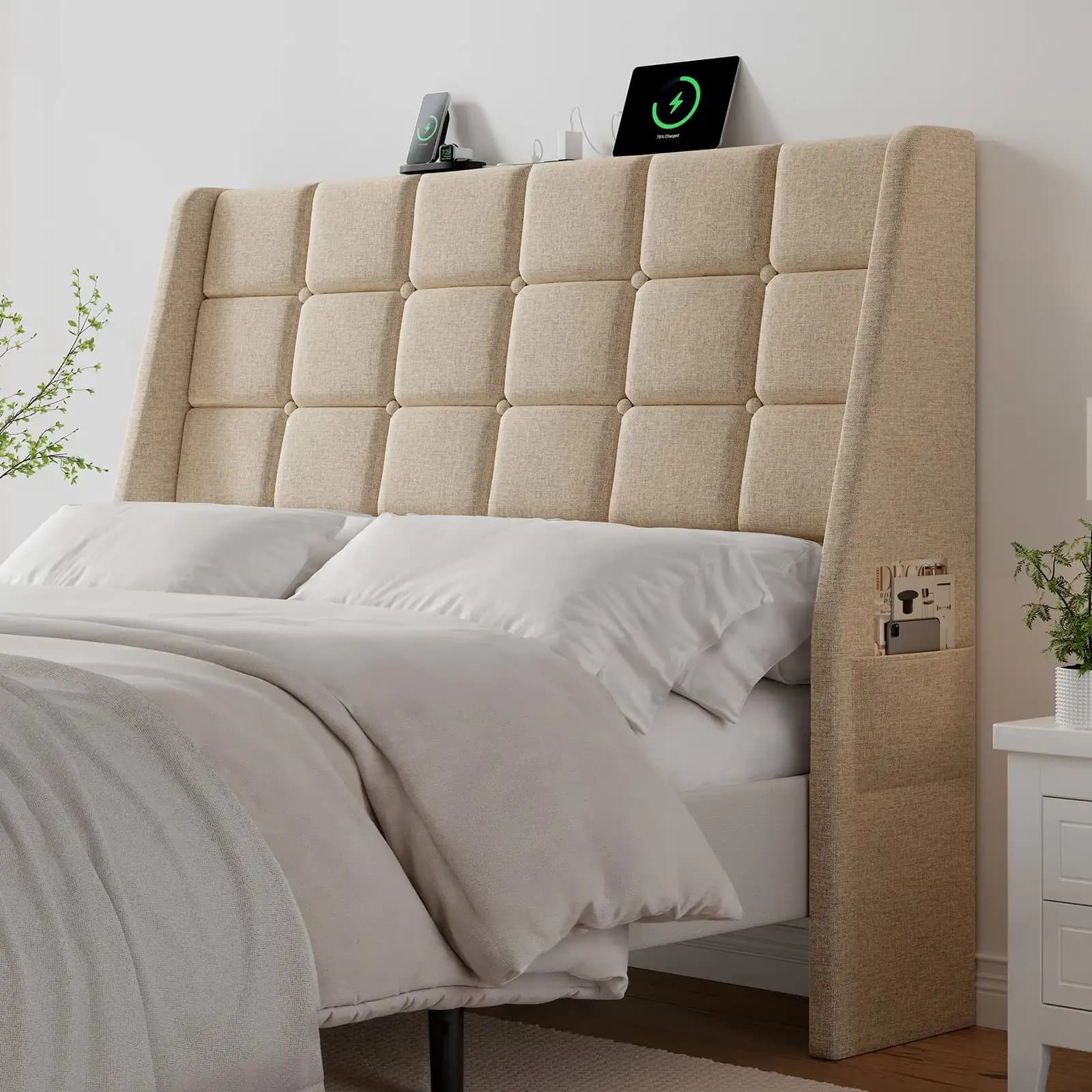 Testiera per letto matrimoniale/queen size, in tessuto di lino, ergonomica, imbottita, con bottoni trapuntati, testiera in legno con contenitore, moderna, per camera da letto, dormitorio