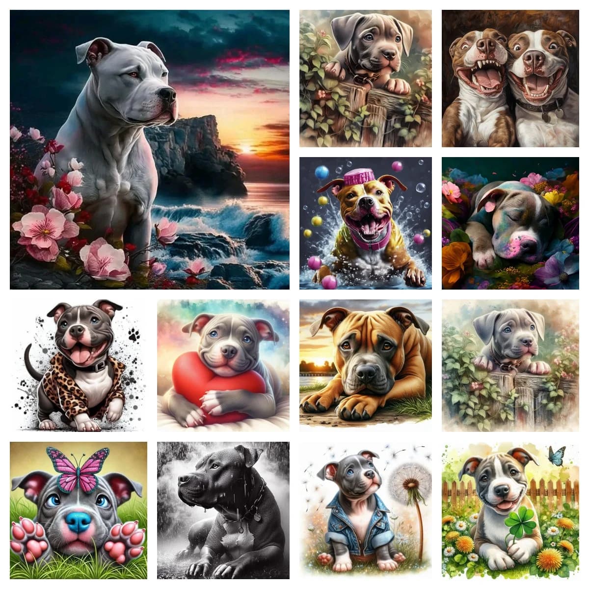 Divertente Pitbull trapano rotondo completo pittura diamante 5D fai da te animali e fiori artistici decorazioni per la casa regali adesivi murali mosaico senza cornice